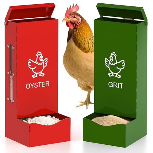 ULENDIS 2 Pack Chicken Oyster Shell Feeder and Grit Feeder, Heavy Duty Metal Automatic Chicken Feeders with Lid, Gravity-Fed Chicks Food Dispenser Hanging Poultry Feeders for Coop Ducks Pigeons