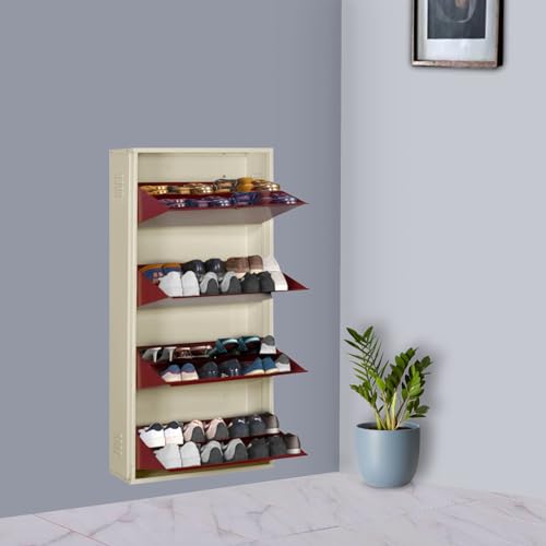 Image of DELITE KOM 29 inch Wide, 8 Shelf Metal Shoe Rack Wall Mounted for Home with Central Lock Holds Upto 28 Shoes or 48 Slippers Pair | Double Decker, 1Yr Warranty, (54x29x8, Ivory Brick Red),DIY, Space Saver