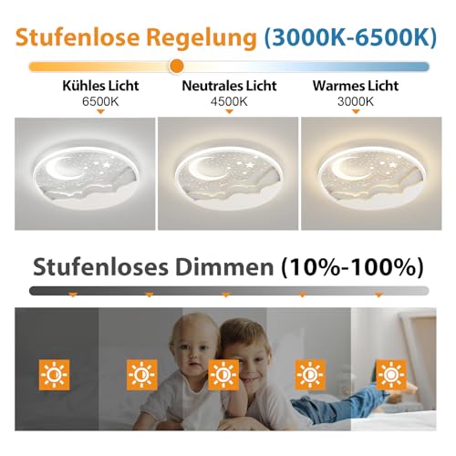 AHXIAOZN LED Kinder Deckenlampe, Stern Mond Deckenleuchte Mit Fernbedienung, Kinderzimmer Dimmbar Deckenleuchten, Kinderzimmer Schlafzimmer Lampe für Schlafzimmer Küche Esszimmer(Weiß)