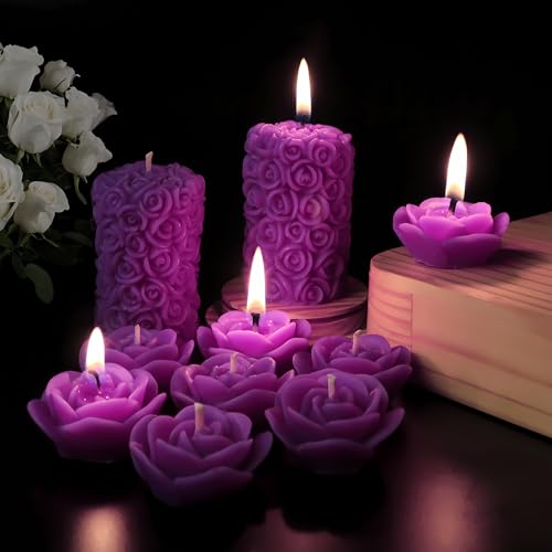 Image of Wax Scented Candles For Home Decor, Lavender Fragrance, Pillar And Floating Candles Combo, Purple Colour, Pack Of 10, 4 X 7 Cm