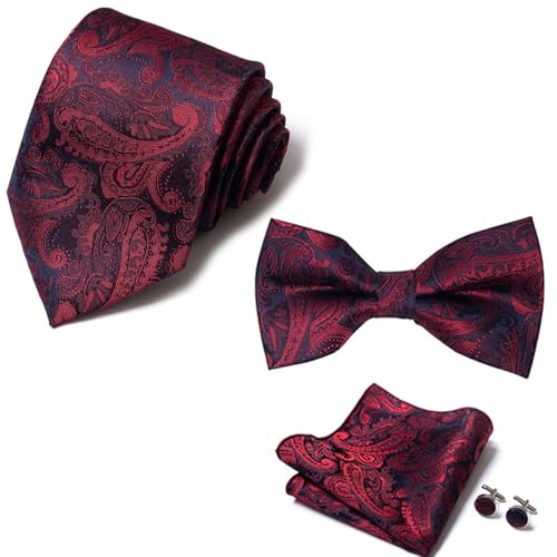 Boolygo [5 in 1] Mens Pretied Bow Ties Paisley Floral Stripe Bow Tie Pocket Square Silk Bowtie and Tie Set for Wedding Party Business Banquet Business Talks (Wine Red 5 in 1)
