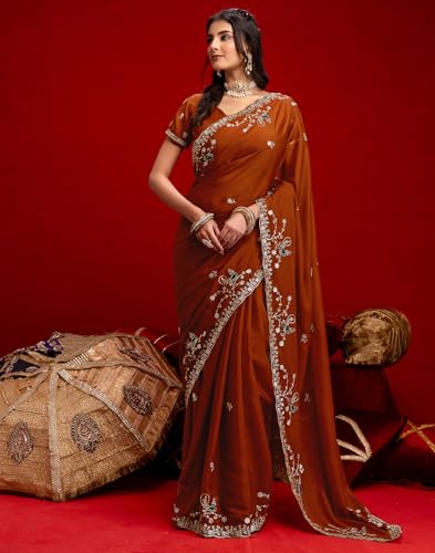 Image of SIRIL Women's Georgette Embroidery Saree With Unstitched Blouse