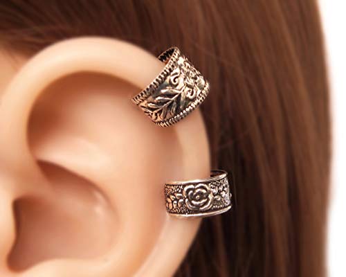 Set of 2 Sterling Silver Handmade Small Wide Band Non Pierced Ear Cuff, Ear Wrap, Cartilage Earrings for women