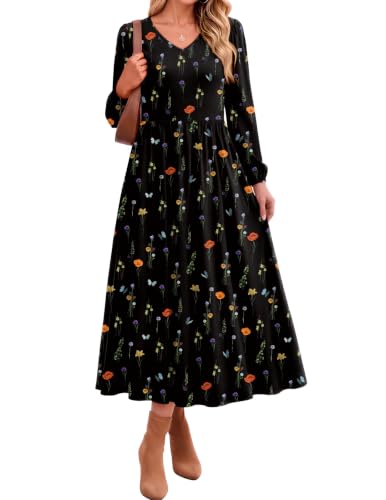 Zeagoo Winter Dress Daily Home Black Floral V-Neck Long Sleeve Midi Women