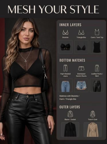 Mesh Crop Tops for Women Long Sleeve Mock Neck Sexy Cropped T Shirts for Punk Rock Outfits Sheer Black Top Womens Y2K Goth Halloween Shirts for Women See Through Top(US,Alpha,Large,Regular,Black) - image 5