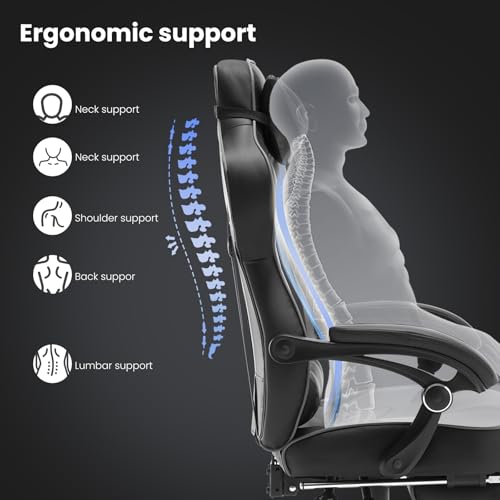 Sedia Gaming Ergonomica con Poggiapiedi, Livestreaming Girevole Poltrona Gamer con Poggiapiedi, Schienale & Sedile Grandi Comodo, Nero+Grigio - Sedia gaming - Immagine 8