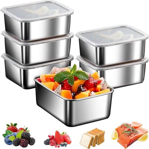 Sonhomay Paquete de 6 recipientes de almacenamiento de alimentos de 21 onzas de acero inoxidable, reutilizables, apilables, con tapa, organizador de cocina, cajas bento herméticas para almuerzo,