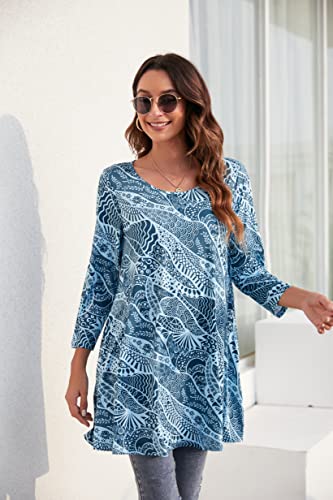 Enmain Womens Blue Floral Long Sleeve Tunic Top Loose Blouse T Shirt Ladies Swing Dress Top Elegant Stretch Round Neck Longline Blouse XL - Image 4
