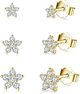 Silver Stud Earrings for Women Girls, Tiny Flower Stud Earrings Small 925 Sterling Silver Hypoallergenic Cubic Zirconia Helix Cartilage Earrings Piercing Sleeper Studs, 3mm/4mm/5mm