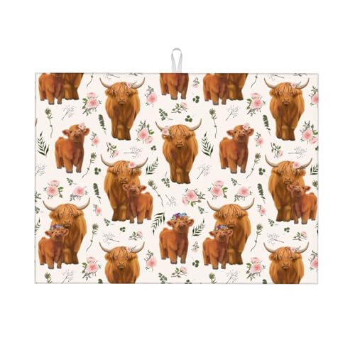 Highland Cow Dish Drying Mat for Kitchen Counter Cute Kitchen Mat Microfiber Kitchen Countertop Absorbent Reversible Drainer Rack Pad Dish Drying Mat 18 x 24 Inch
