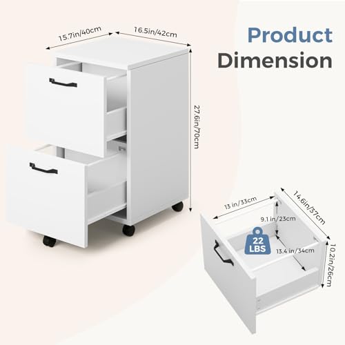 DUMOS 2 Drawer Filing Cabinet, Rolling Wood File Cabinet for Home Office, Under Desk Storage with Lockable Wheels, Printer Stand, Office Organizer, White by DUMOS - Image 5