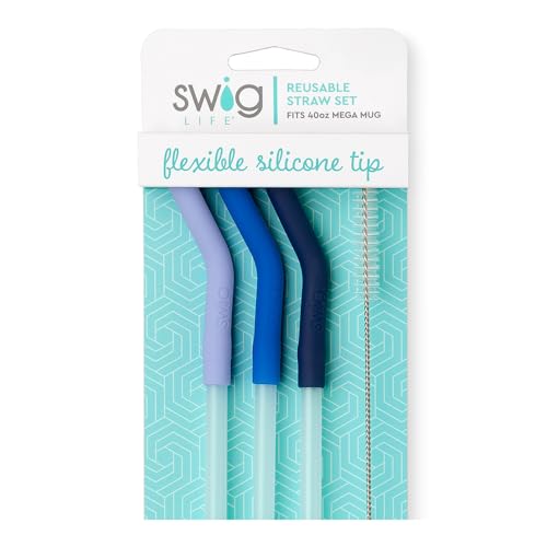 Swig Life Reusable Straws Hydrangea + Blue + Navy Tall Straw Set & Cleaning Brush, Each Straw is 14 inches Long (Fits Swig Life 40oz Mega Mug Tumblers)