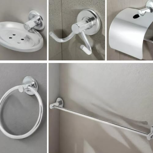 Kit Acessórios para Banheiro em Inox, 5 Peças, Porta Shampoo Reto, Prateleira de Vidro Incolor 30cm