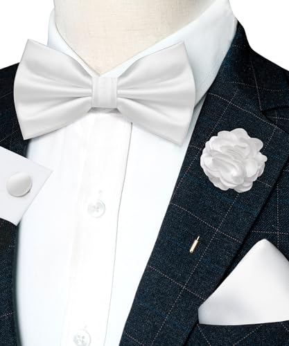 Image of RBOCOTT Solid Color Bow Tie and Pocket Square with Lapel Pin Cufflinks Set 4PCS