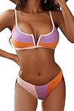 ZAFUL Women's Bikini Set V-Wired Ruffle Ribbed High Cut V-Notch Swimwear (2-Multi, S)
