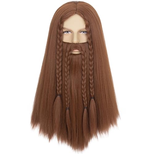 Miss H Hair Long Straight Brown Wig and Fake Beard Set for Men Viking Wigs with Beard for Cosplay Halloween