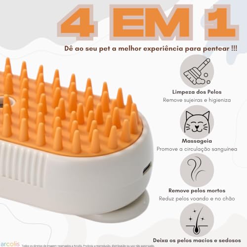Escova 4 em 1 Massageadora – Escova a vapor para pets, ideal para cães e gatos, com alça retrátil. P