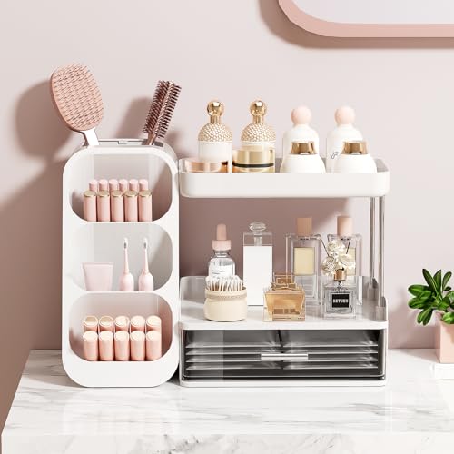 Image of UFORU Makeup Organizer for Vanity with Brush Holder, 2 Tiers Countertop Skincare, Cologne Organizer and Perfume Stand for Bathroom Vanity, Large Capacity Makeup Storage, White
