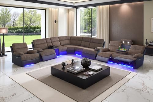 Image of Power Recliner Sectional Sofa Set with LED Light,L Shaped Corduroy Sectional Couch Set with 5 Recliner Seats,Modular Couches with USB Ports for Living Room Furniture