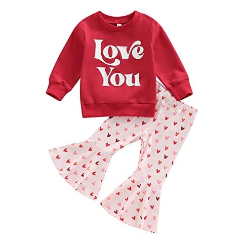 ZZLBUF Toddler Kids Baby Girl Valentine's Day Outfits Casual Crewneck Sweatshirt Flared Pants Fall Winter Clothes Set (03 - Love You, 2-3 Years) Cover