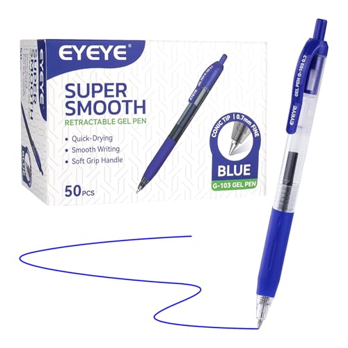 EYEYE G-103 Retractable Gel Pens 0.7mm, 50 Pack 0.7 mm Blue Ink Medium Point Ballpoint Pen Quick Drying, Pen Fine Point Smooth Writing Pens for for Office School Supplies