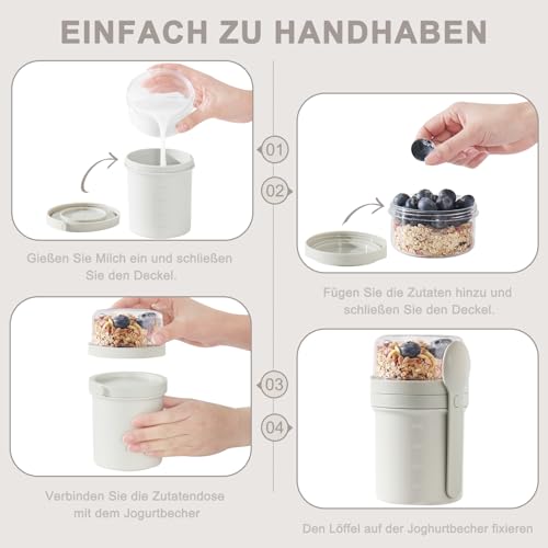 Foto von Swkien MüSlibecher to Go, Joghurtbecher to Go 450ml+250ml, Joghurt to Go Becher mit Löffel, Müsli Becher to Go für Müsli & Joghurt, Auslaufsicherer Müsli Cup to Go, Lunchpot(Hellgrau)