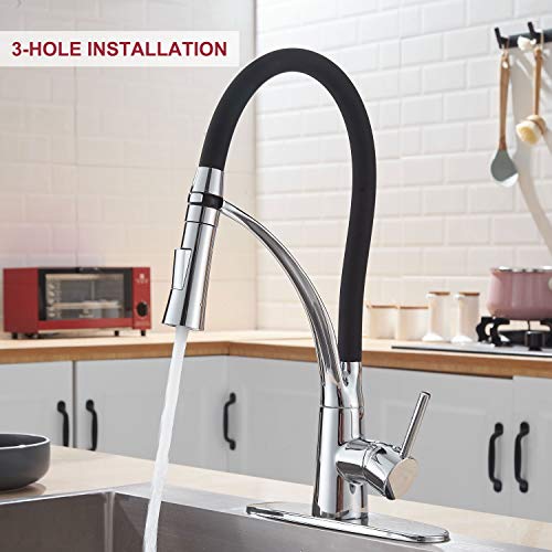 Roddex Pullout Kitchen Faucet Solid Brass Single Handle One Hole Kitchen Sink Faucet With 360 Swivel Modern Black Rubber Neck Pull Down Sprayer, 3 Hole Deck Plate, Polished Chrome #TOP1