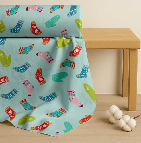 Image of Soimoi Green Cotton Cambric Fabric Socks & Gloves Folk Art Printed Craft Fabric by the Meter 56 Inch Wide