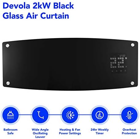 Devola Over Door Electric Heater 2kW, Glass Panel Wall Mounted Air Curtain with Remote Control, Thermostat & 24Hr Timer | Open Window Detection | Wide Angle Indoor Fan Heater & Cooler | Black DVSH20B
