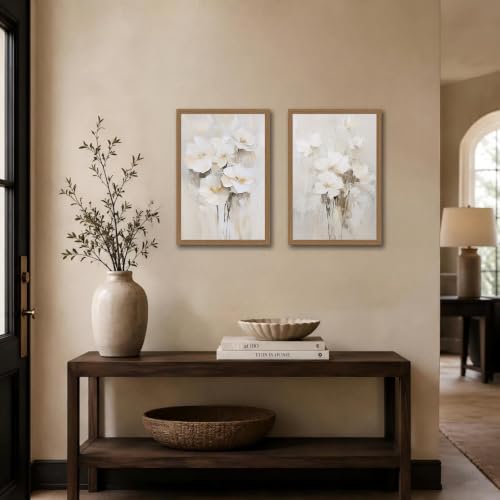 2pcs Framed Neutral Beige Floral Wall Art White Cream Flower Canvas 16x24in by VFCYHIBU - Used condition - Image 4