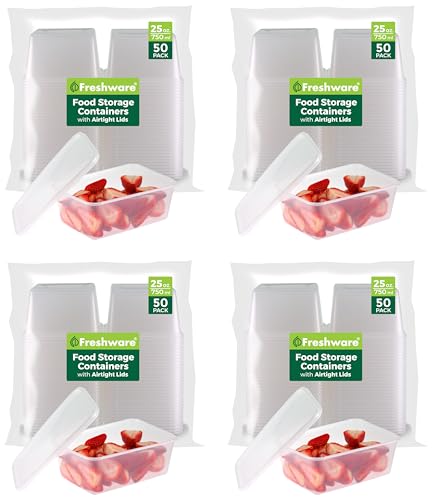 Image of Freshware Food Storage Containers [50 Set] 25 oz Plastic Deli Containers with Lids, Slime, Soup, Meal Prep Containers, BPA Free, Stackable, Leakproof, Microwave, Dishwasher and Freezer Safe