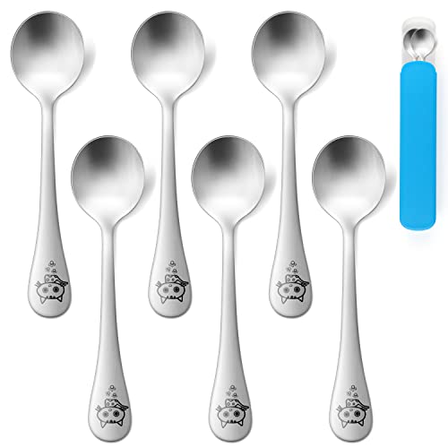 Toddler Spoons, E-Far 6-Piece Stainless Steel Kids Utensils Spoon For Baby Self Feeding, Attached Portable Case & Cute Animal Pattern, Solid Metal & Small Size, Rust Free & Dishwasher Safe #TOP14