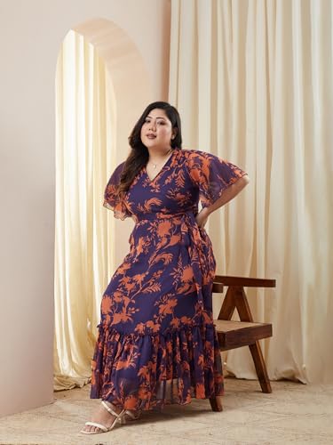 Image of Miss Chase A+ Women's V-Neck Three-Quarter Sleeve Floral Wrap Chiffon Midi Dress