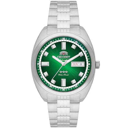 Relógio Orient Heritage Automático 3 Estrelas Yn6ss004 E1sx Correia Prateado Bisel Prateado Fundo Verde