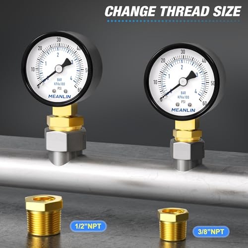 MEANLIN MEASURE 0-60Psi 2" DIAL FACE 1/4" NPT Well Pump Pressure Gauge, with 1/2" NPT and 3/8" NPT Hex Bushing, Pool Sand Filter WOG Water Oil Air Pressure Test, Lower Mount (Pack of 2) by MEANLIN MEASURE - Image 3