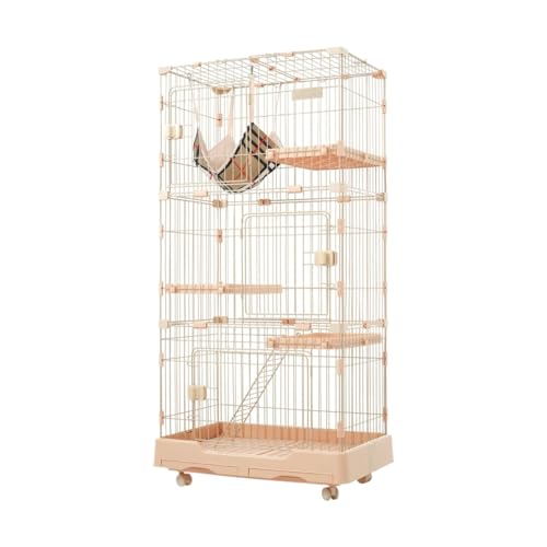 3 段式ベージュキャットケージ キャスター付き ロック式扉付き大型ペットケージ 多頭飼いに適したキャットハウス 1-3 段調整可能 留守番・掃除容易