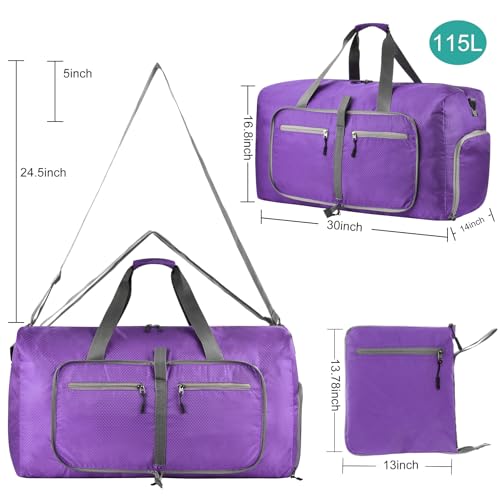 Dimayar Travel Duffle Bag for Men Women - Foldable Duffel Bag with Shoes Compartment - Overnight Bags Waterproof & Tear Resistant(115L,Purple)