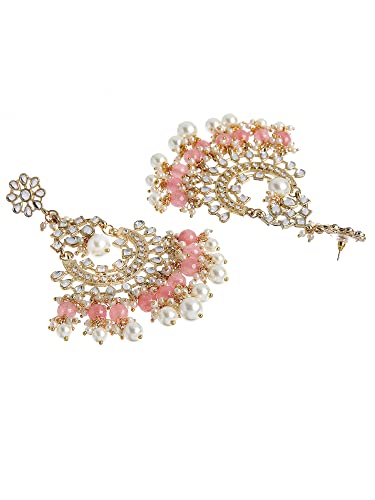 Image of Karatcart Gold Plated Pink Meena Lotus Design Kundan Dangler Earrings for Women (color may slightly vary due to photographic effect)