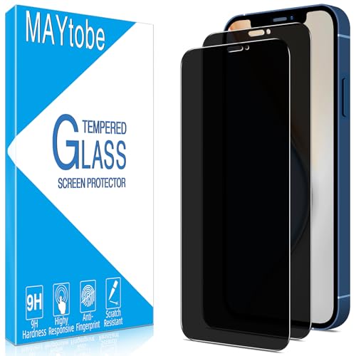 MAYtobe 2 Pack Privacy Screen Protector for iPhone 12, iPhone 12 Pro Tempered Glass, Anti Spy, Case Friendly, Anti-Scratch, Ultra Resistant, Touch Sensitive, Bubble Free