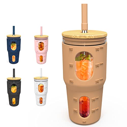 Tronco 32 Oz Tumbler with Straw and Lid, Reusable Drinking Glass Cup with Time Marker, Silicone Sleeve, Fits Cup Holder and Without BPA for Smoothie, Tea, Iced Coffee (Black)