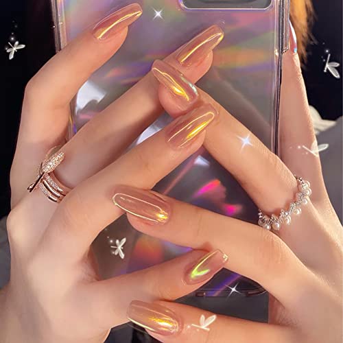 LIGHT RAIN Long Coffin Press on Nails Luxury - Sunset, Reusable Seven Layers Gel UV Finish Fake Nails, Handmade Nail Art with Design by Licensed Professional Manicurist, Coffin Shape, Medium Size