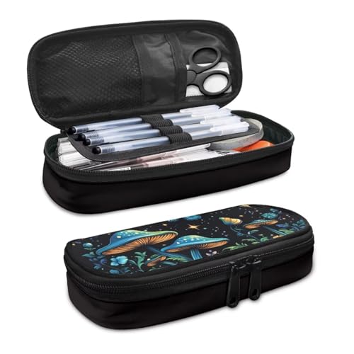 Image of Blue Mushroom Floral Print Pencil Cases for School, Basic Pen Box Stationery Pouch Bag Cosmetic Makeup Bag for Women Girls College Adults