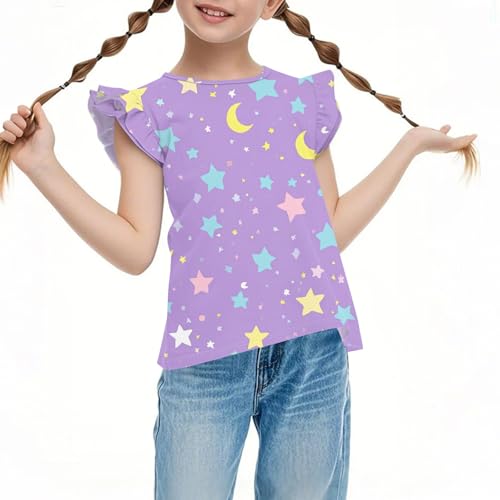 Girls' Graphic T-Shirt Ruffle Sleeve Casual Summer Crewneck Tees Tops Ages 4-13
