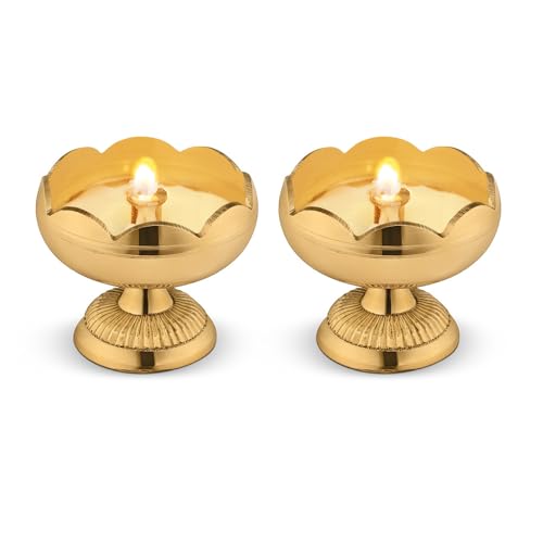 Avador Handmade Brass Indian Puja Oil Lamp Golden Diya Lamp Engraved Design Diya for Diwali Pooja (Nanda Set of 2 Diya)