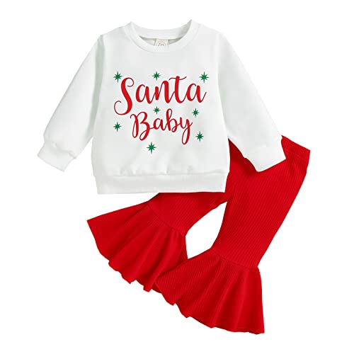 wybzd Baby Girl Christmas Outfit Santa Baby Sweatshirt Top Bell-Bottom Ribbed Pants Sets Xmas Toddler Clothes Christmas Santa Baby Star 6-12 Months