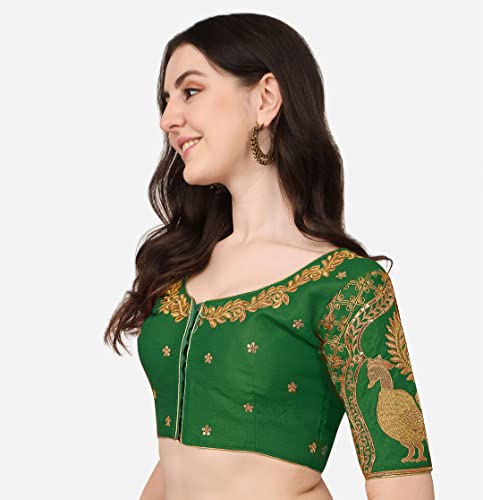 Image of Pujia Mills Women's Phantom Silk Embroidery Handwork & Sequin Work Peacock Design Half Sleeve Readymade Blouse (Mor Blouse Gold 38 Size+Margin)