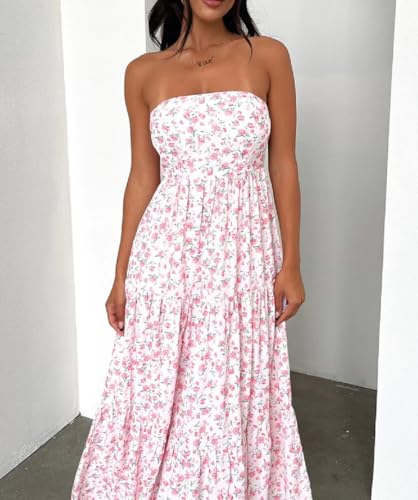 Image of Women Floral Print Maxi Tube Dress Strapless Flowy Long Bandeau Dress Y2K Open Back Sundress Summer Beachwear