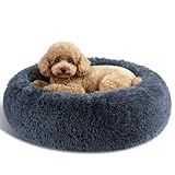 Kimpets Dog Calming Beds for Small Medium Large Dogs - Round Donut Washable Puppy Dog Bed, Anti-Slip Faux Fur Fluffy Donut Cuddle Anxiety Cat Pet Bed(20" Dark Grey)