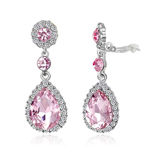Gorgeous Austrian Pink Crystal Rhinestone Clip on Earring Teardrop Dangle Earrings Wedding Bridal for Women (Clip on Pink)