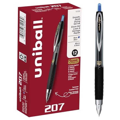 Image of uniball 207 Retractable Gel Pens, Micro Point (0.5mm), Blue, 12 Pack